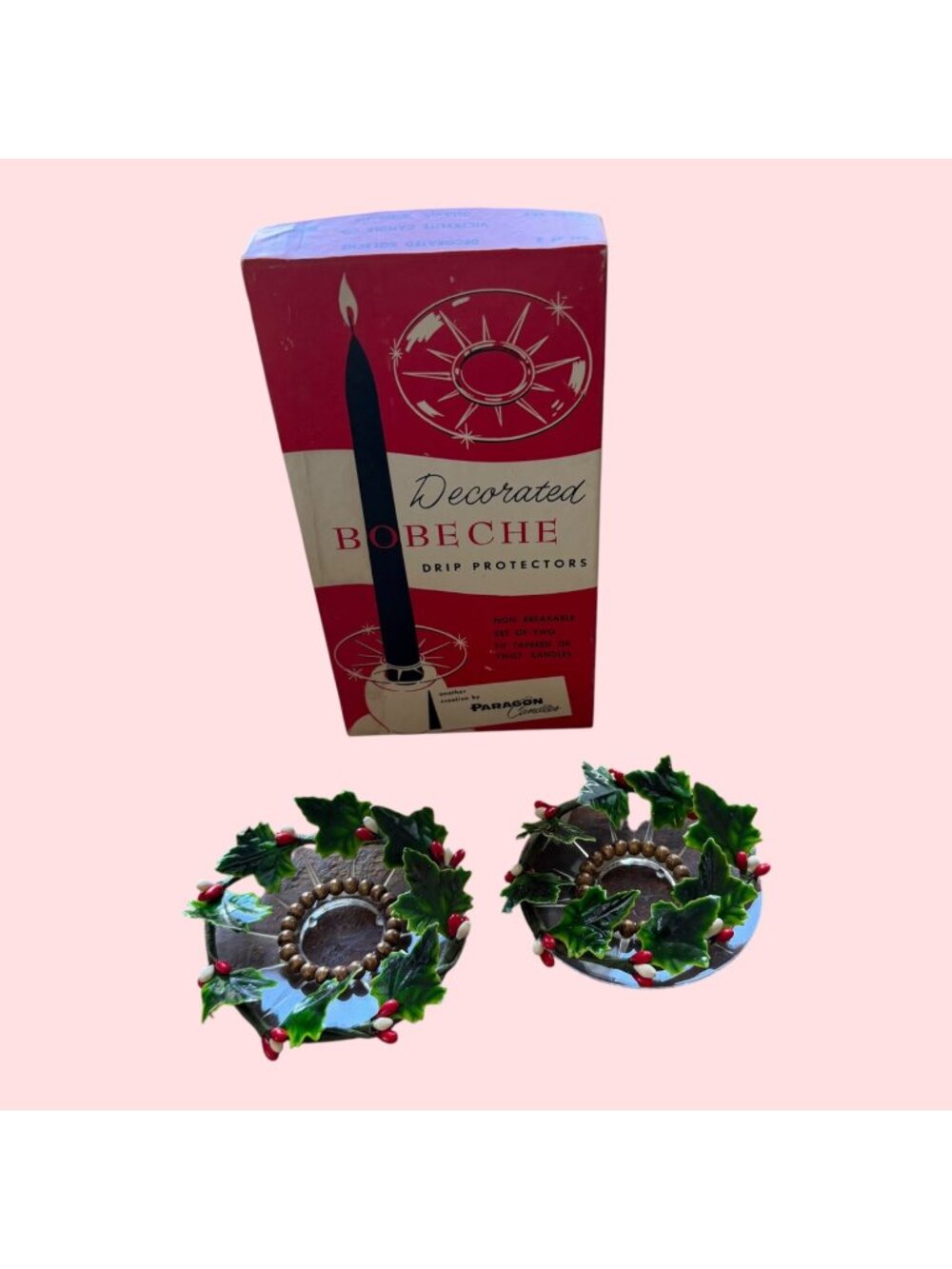 Vintage Paragon Candles MCM Decorated Bobeche Drip Protectors With Holly